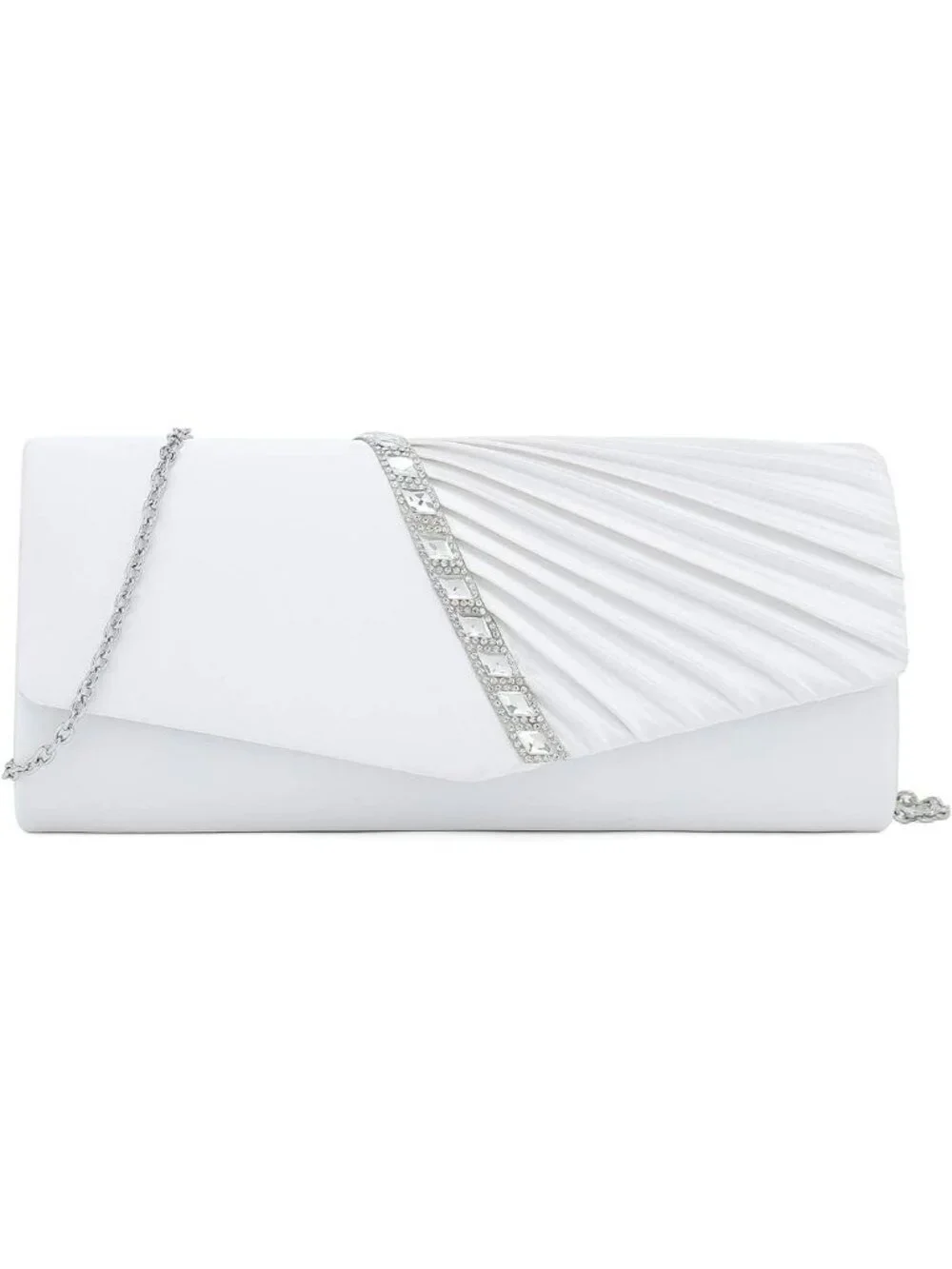 Women's White Crystal Embellished Pleated Satin Clutch Purse For Evening Bag